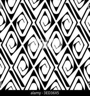 Seamless geometric pattern of rhombuses. Monochrome ethnic ornament. Black spirals with rounded corners on white background. Minimalist graphic design Stock Vector
