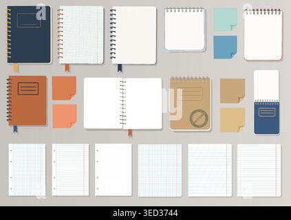 Ultimate Paper Stationery Set Vector Mega Collection of Open and Closed Kraft Notebooks Spiral Pads Ring Binders and Realistic Sticky Notes for Design Stock Vector