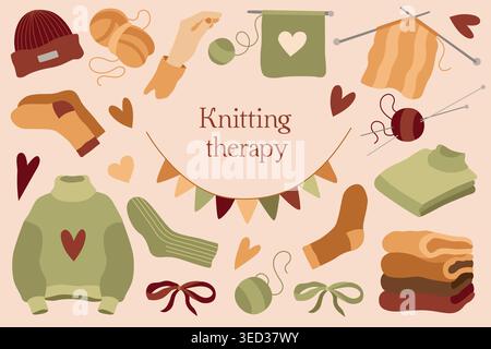 Hand-drawn autumn knitting illustrations, bow, sweater, threads, knitting needles in warm colors for packaging, fall cozy projects Stock Vector