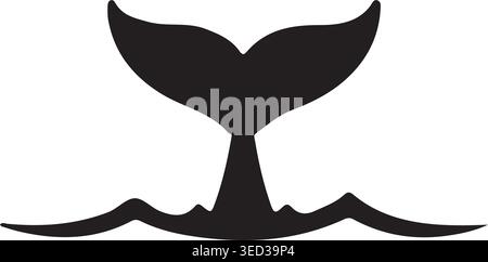 Whale Tail Silhouette Diving in Ocean Waves Vector Illustration Stock Vector