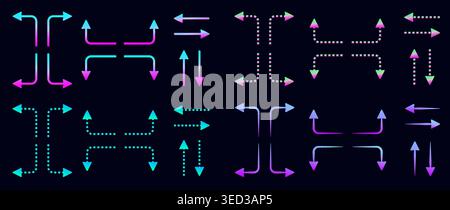 Neon dotted and line arrow set, various vector gradient luminescent outline navigation signs. Linear hologram symbols of up, down, right and left dire Stock Vector