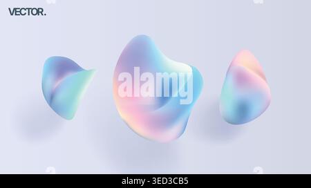 Iridescent Pastel 3D Liquid Blobs - Abstract Holographic Gradient Shapes for Modern Design Stock Vector