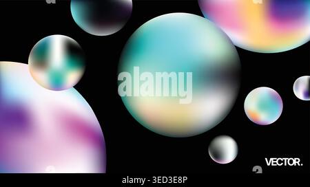 Iridescent Gradient Spheres on Black Background - Abstract Holographic Vector Bubbles Stock Vector
