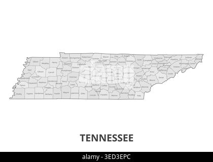 Detailed political map of the State of Tennessee, USA, illustrating its 95 counties and the state's elongated administrative borders. Stock Vector