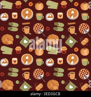 Hand-drawn autumn seamless pattern made of cozy cat, pumpkin and cherry pie, knitting for fall cozy projects, seasonal backgrounds Stock Vector