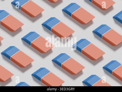 Isometric seamless pattern of pencil and ink eraser. 3D illustration. Stock Photo