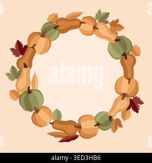 Hand-drawn autumn round wreath made of pumpkins and maple leaves for packaging, seasonal menu, fall projects Stock Vector