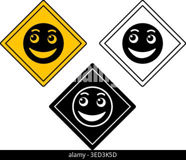 Positive Emotion Zone Signs. Humorous Road Sign. Smiling Funny Man Face. Yellow, Black, and White Vector Icons Stock Vector