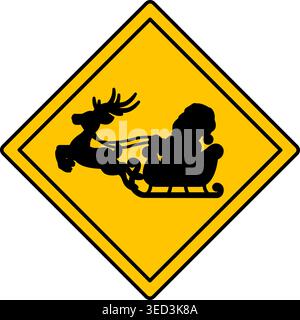 Yellow Warning Sign Of Danger Of Crossing Santa Claus Path. Humorous Road Sign, Sticker. Santa In Sleigh Pulled By One Of His Reindeer. Vector Icon Stock Vector