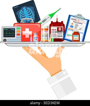 medical services concept with flat icons doctor hand holds tray with medicaments like blood container, medical card, thermometer. other hand holds cov Stock Vector