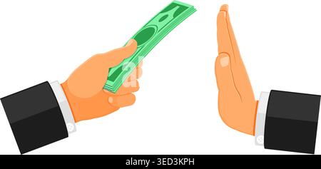 stop corruption concept, hand offers money, other hand shows a gesture of refusal, isolated vector illustration Stock Vector