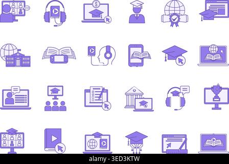 Colored Online Education Icon Set. Vector Icons Online School, Mentor, Learning Platform, Student, Audio Course, Tuition Fees, E-Book, Reward, E-Learn Stock Vector