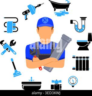 Plumbing Service Infographics Repair and Cleaning with Plumber, Tools and Device two color Flat Icons. Vector illustration Stock Vector