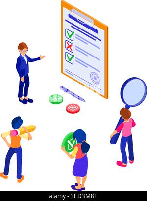 Survey or test banner with isometric characters. feedback online chat. questionnaire form on clipboard. survey research. isometric vector illustration Stock Vector