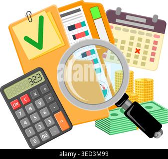 Auditing, Tax, Business Accounting Banner. Magnifying Glass and folder with checked up Financial Reports, Calculator, calendar and money. Flat Style I Stock Vector