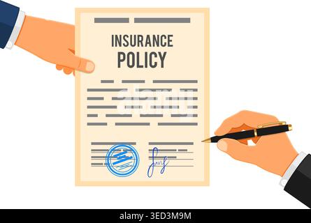 Man signs insurance policy. Insurance agent holds contract in hand, other hand signs contract with pen. Flat style icons. Isolated vector illustration Stock Vector