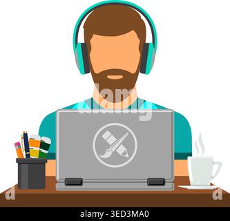 Bearded man freelancer designer in headphones working on laptop. Flat style icon. Isolated vector illustration Stock Vector