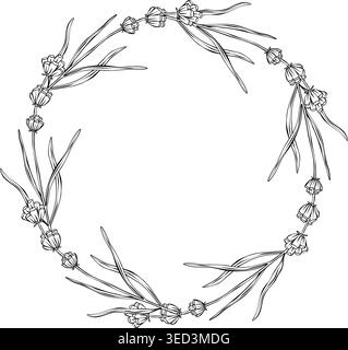 Lavender wreath made of curved branches with flowers and narrow leaves forming circle. Botanical vector line illustration isolated on white for Stock Vector