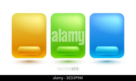 Vibrant 3D UI elements with glossy buttons for web and app design. Yellow, green, and blue blocks. Vector illustration. Stock Vector