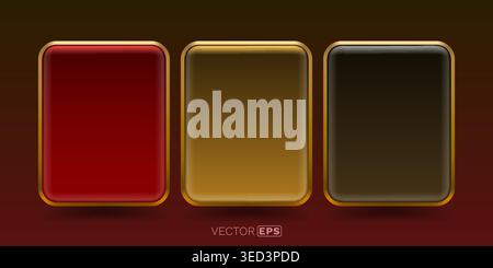 Glossy red, gold, and black rectangular buttons with golden frames for modern UI design. Vector illustration. Stock Vector