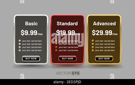 Modern pricing table template with three comparison plans Basic, Standard, and Advanced, featuring Buy Now buttons. Vector illustration Stock Vector