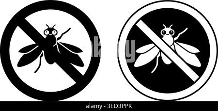 Signs No Fly. Black and White Vector Icons. Round Sign with Fly. Pest Control, Insect Extermination Stock Vector