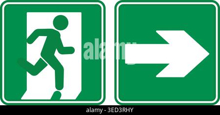 Green Sign Emergency Exit Pointing Right. Vector Icon. Warning Sign. Man Running Towards Door. Emergency Evacuation Symbol Stock Vector