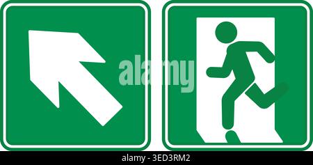 Green Emergency Exit Sign Pointing Up. Vector Icon. Warning Sign. Man Running Towards Door. Emergency Evacuation Symbol Stock Vector