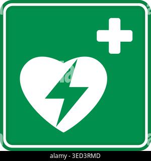 Green Sign Defibrillator. Vector Icon. First Aid Sign. Automatic External Cardiac Defibrillator. Emergency Safety, Medical Equipment Stock Vector