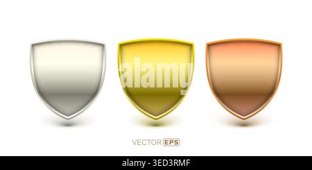 Glossy metallic shield set silver, gold, and bronze 3D badges. Ideal for award, ranking, or security concepts. Vector illustration. Stock Vector