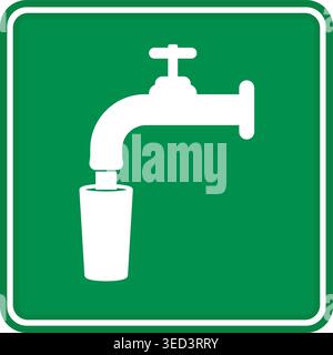 Green Drinking Water Sign. Vector Icon. Drinking Water Safety Sign. Water Is Pouring From a Tap Into the Glass Stock Vector