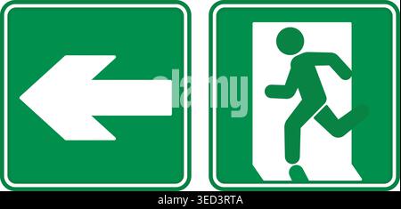 Green Sign Emergency Exit Pointing Left. Vector icon. Warning sign. Man running to the door. Emergency evacuation symbol Stock Vector