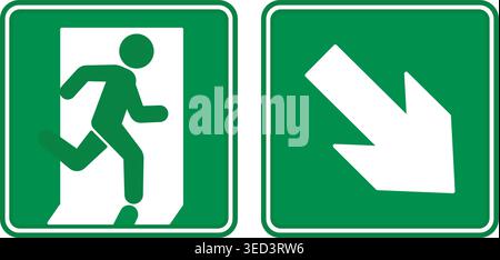 Green Sign Emergency Exit Pointing Down. Vector icon. Warning sign. Man running to the door. Emergency evacuation symbol Stock Vector