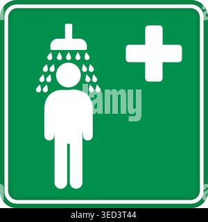 Green Sign Emergency Shower. Vector Icon. Industrial Safety Sign. Man Taking a Shower. First Aid in Case of Chemical Splashes Stock Vector