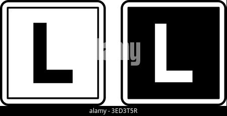 Driving Lesson Signs. Black and White Vector Icons. Square Road Sign. L Sign. Indicates Novice Driver in Training, Sticker for Car. Driving School Stock Vector