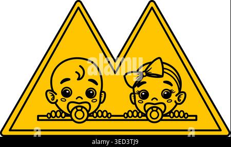 Yellow Sign Twins in Car. Vector Icon. Warning Humorous Sign. Sticker for Car. There are Small Children in the Transport Stock Vector