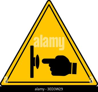 Yellow Sign Emergency Stop Push Button. Vector Icon. Evacuation Sign. Index Finger Pressing the Button. Industrial Safety, Observe the Rules of Work a Stock Vector
