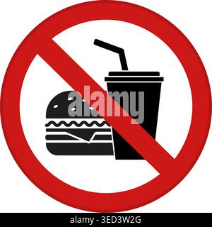 Red Sign No Food and Drinks Allowed. Vector Icon. Prohibitory Round Sign. Hamburger and Drink with Straw. Do Not Take Food Products. Fast Food Prohibi Stock Vector