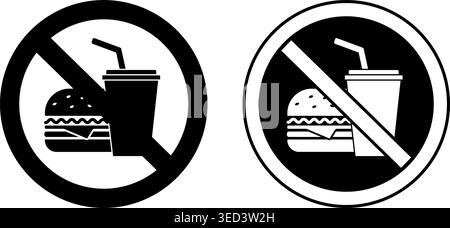 Signs No Food and Drinks Allowed. Black and White Vector Icons. Prohibitory Round Sign. Hamburger and Drink with Straw. Do Not Take Food Products. Fas Stock Vector