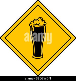 Yellow Sign Beer Zone. Vector Icon. Humorous Road Sign. Funny Sticker. Glass of Foaming Beer Stock Vector