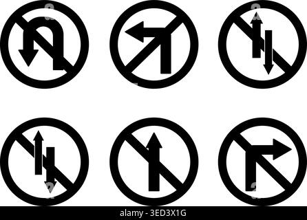 Arrows Showing Road Traffic. Prohibitory Road Signs. Vector Icons. No U-Turn, No Left and Right Turn, One-Way Traffic, and No Entry Stock Vector