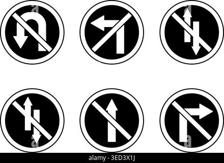 Black Arrows Showing Road Traffic. Prohibitory Road Signs. Vector Icons. No U-Turn, No Left and Right Turn, One-Way Traffic, and No Entry Stock Vector