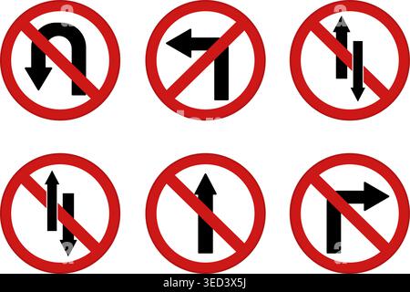 Red Arrows Showing Road Traffic. Prohibitory Road Signs. Vector Icons. No U-Turn, No Left and Right Turns, One-Way Traffic, and No Entry Stock Vector