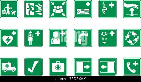 Green Safety and First Aid Signs. Vector Icons Fire Exit, Medical Center, Doctor, Defibrillator, Stretchers, Emergency Shower, First Aid Kit and More Stock Vector