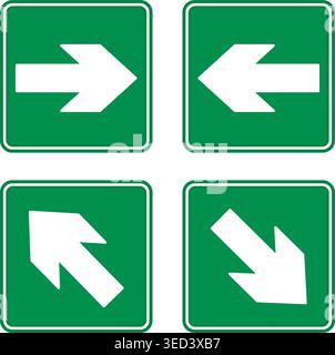 Green Emergency Exit Arrows. Vector Icons. Right, Left, Up, and Down Arrows. Sign Shows Evacuation Direction Stock Vector