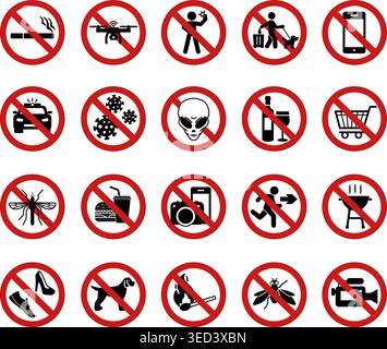 Red Prohibitory Public Signs. Vector Icons. Sticker Set. No Selfies, Smoking, Drones, Phones, BBQ, Dog Walking, Wearing Shoes, Aliens and More Stock Vector
