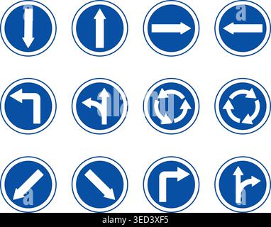 Blue Arrows Showing Traffic. Round Signs. Vector Icons. Back, Forward, Right and Left Arrows. Straight or Right, Straight or Left, and More Stock Vector