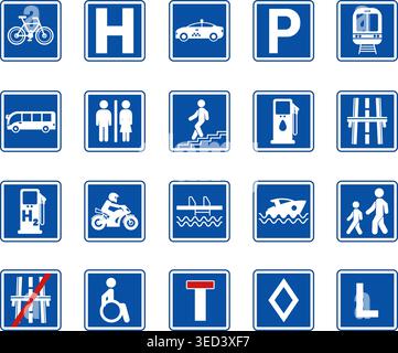 Blue Square Road Signs. Vector Icons. Parking, Train Station, Hospital, Toilet, Bus Stop, Subway, Pool, Pier, Disabled Parking, and More Stock Vector