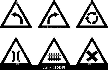 Prohibitory Triangle Road Signs. Vector Icons. Left and Right Turn, Roundabout, Bridge Ahead, Railway and Intersection Stock Vector