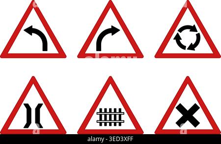 Red Prohibitory Triangle Road Signs. Vector Icons. Left and Right Turn, Roundabout, Bridge Ahead, Railway and Intersection Stock Vector